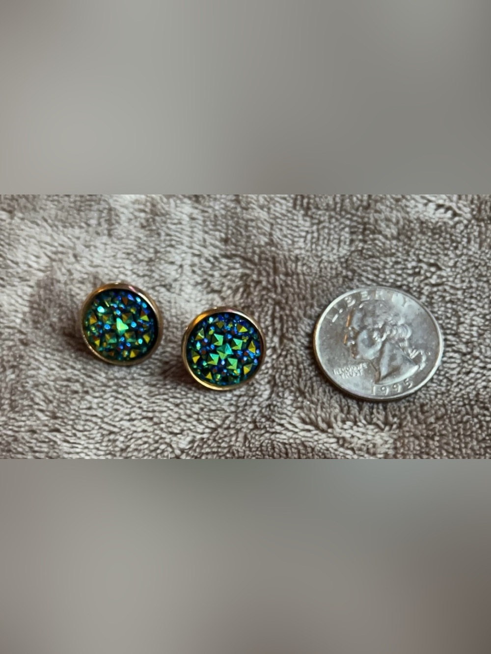 Gold Disc Stud Earrings with Blue-Green Iridescent Faceted Inlay